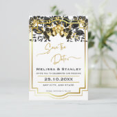 Schwarze goldene, geometrische Monogramm-RückenWed Save The Date (Stehend Vorderseite)