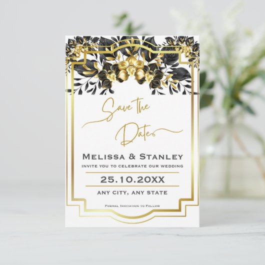 Schwarze goldene, geometrische Monogramm-RückenWed Save The Date (Stehend Vorderseite)