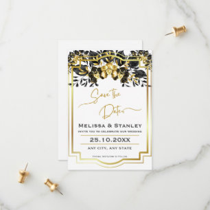 Schwarze goldene, geometrische Monogramm-RückenWed Save The Date