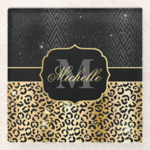 Schwarze & goldene Glitter-Glam-Leopardenflecken & Glasuntersetzer