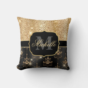 Schwarze & goldene Glitter-Glamour-Kronleuchter &  Kissen