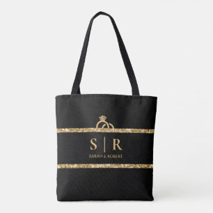 Schwarze & goldene Glitter-Monogramm-Hochzeit Tasche