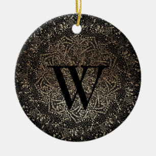 Schwarze Goldene Glitzerschneeflocke Monogramm Win Keramik Ornament