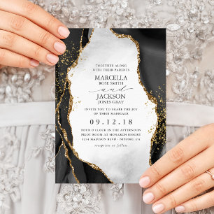 Schwarze, Goldene & Graue Nebel-Achat Hochzeitsein Einladung