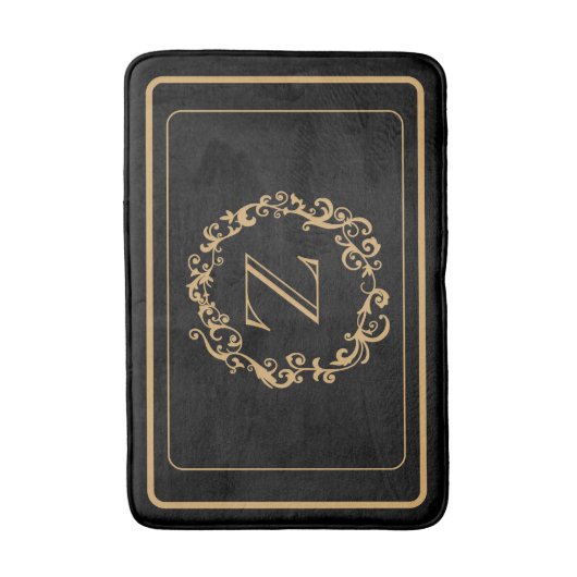Schwarze goldene Grenz-Design Monogram Letter Bath Badematte (Vorderseite Vertikal)