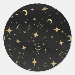 Schwarze & Goldene Himmlische Mond Sterne Hochzeit Runder Aufkleber
