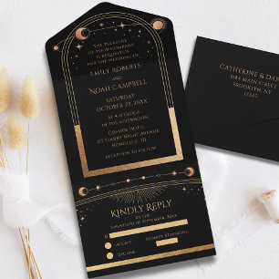 Schwarze Goldene Himmlische Sonne Mond Sterne Hoch All In One Einladung