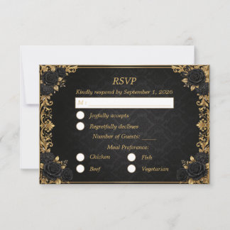 Schwarze Goldene Königskrone Elegante Hochzeit RSVP Karte