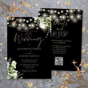 Schwarze Goldene Lichterkette Blumen QR-Code Hochz Einladung