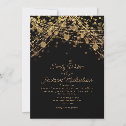 Schwarze Goldene Lichterkette Hochzeit Einladung (Vorderseite)
