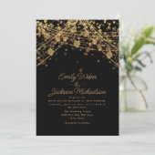 Schwarze Goldene Lichterkette Hochzeit Einladung (Stehend Vorderseite)
