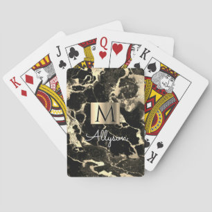 Schwarze & goldene Marmor-Goldbox, Name & Monogram Spielkarten