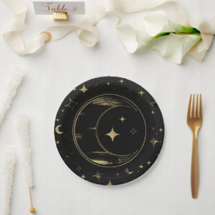 Schwarze & Goldene Moderne Himmlische Mond Sterne Pappteller