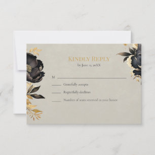 Schwarze & Goldene Pfingstrosen-Hochzeits-RSVP-Kar RSVP Karte