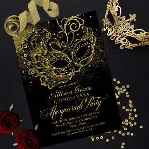 Schwarze Goldene Quinceanera-Maskenball-Einladung
