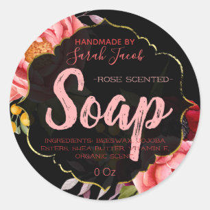 Schwarze Goldene Rosa Florale Wasserfarbe Seife Runder Aufkleber