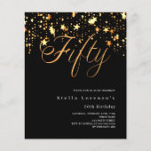 Schwarze goldene Sterne 50. Geburtstagseinladung (Vorderseite)
