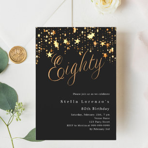 Schwarze goldene Sterne elegant 80. Geburtstag Einladung