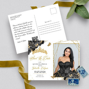 Schwarze & goldene Tiara Quinceañera-Fotokarte Postkarte