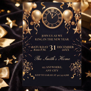 Schwarze & Goldene Uhr Countdown Silvesterparty Einladung