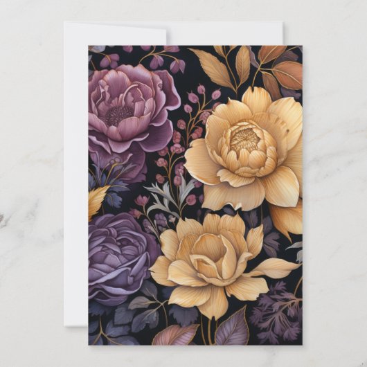 Schwarze, goldene und dunkle Lila Blumenhochzeit Einladung (Rückseite)