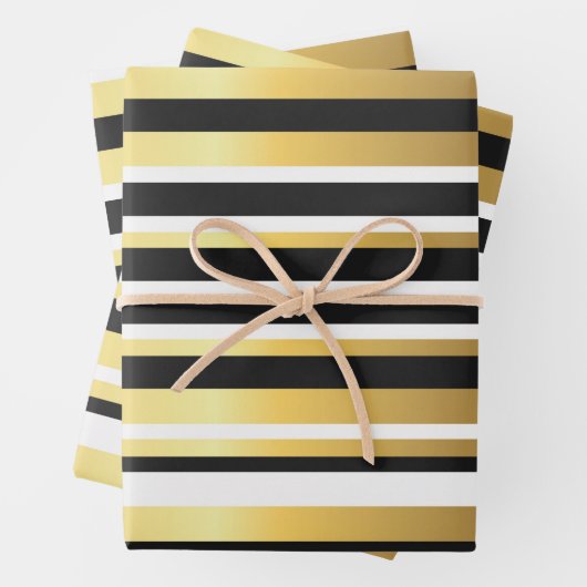 Schwarze, goldene und weiße Vintage Streifen Geschenkpapier Set (Beispiel)