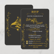 Schwarze Goldene Verlobungs-RSVP-Karte editierbar
