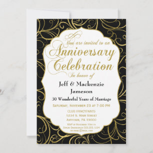 Schwarze Goldene Wirbel-Jubiläumseinladung Elegant Einladung