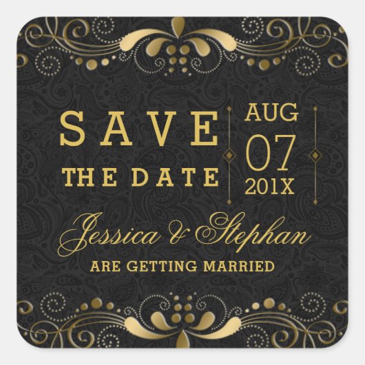Schwarze goldene Wirbel rahmen Save the Date Quadratischer Aufkleber (Vorderseite)