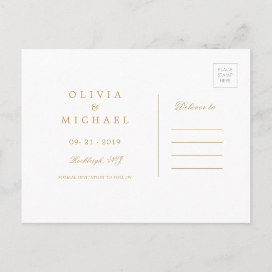 Schwarze goldfarbene Kalligraphie Save the Date Ankündigungspostkarte (Rückseite)