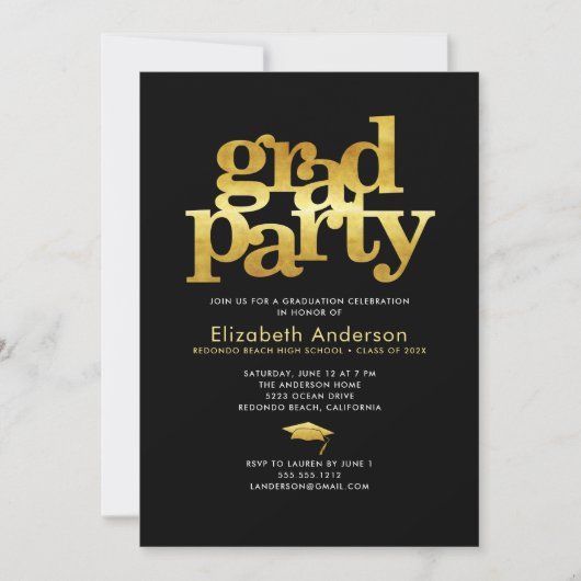 Schwarze Goldfolie Grau Party Moderne mutige Typog Einladung (Vorderseite)