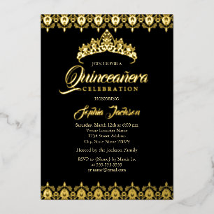 Schwarze Goldfolie Tiara Quinceanera Folieneinladung