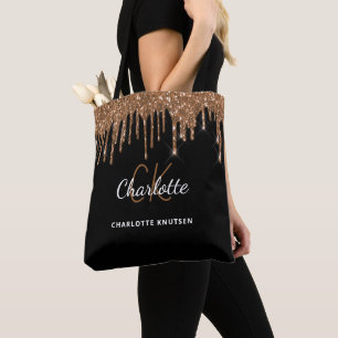 Schwarze Goldglitter-Tropfen-Monogramm-Initialen Tasche