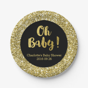 Schwarze GoldGlitzer-oh Baby-Baby-Duschen-Platte Pappteller