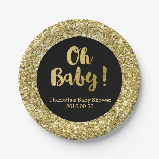 Schwarze GoldGlitzer-oh Baby-Baby-Duschen-Platte Pappteller (Vorderseite)