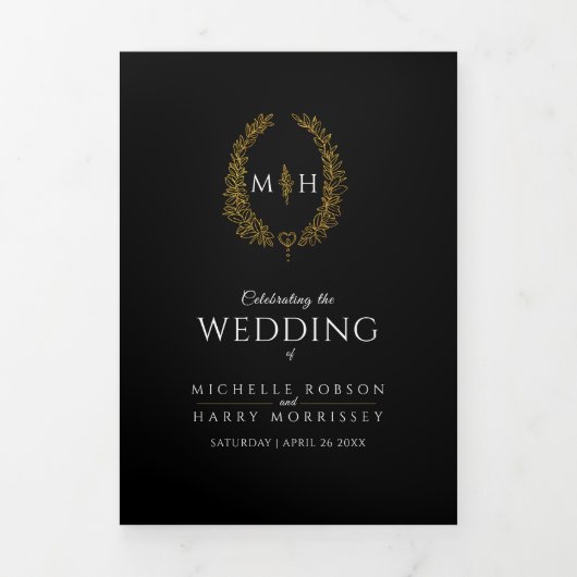 Schwarze Goldkranzgeschichte und Programmhochzeit Dreifach-gefaltete Programmkarte (Cover)