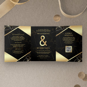 Schwarze Goldmarmor-Ampersand-QR-Code-Hochzeit Dreifach Gefaltete Einladung