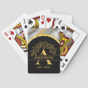 Schwarze Goldmarmor-Botanik-Monogramm-Personalisie Spielkarten