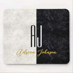 Schwarze Goldmarmor-Monogramm Mousepad