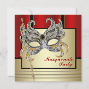 Schwarze Goldmaske Rot Schwarze Maskerade-Party Einladung