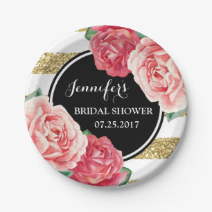 Schwarze Goldrosa-Blumen-Brautparty-Platte Pappteller