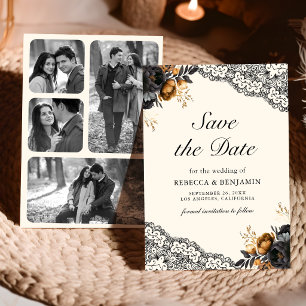Schwarze Goldrosen-Spitze-Creme Foto-Gotische Hoch Save The Date