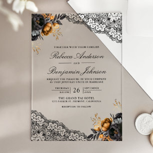 Schwarze Goldrosen-Spitze-Gotische Hochzeit Acryleinladungen