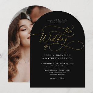 Schwarze Goldschrift Kalligrafie Foto Bogen Hochze Einladung