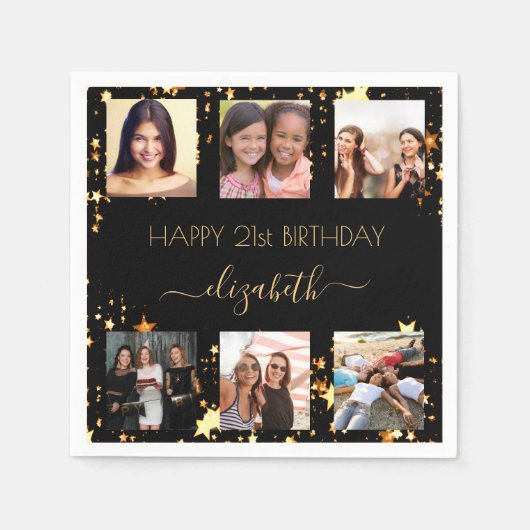 Schwarze Goldsterne Foto Collage Geburtstag Serviette (Vorderseite)