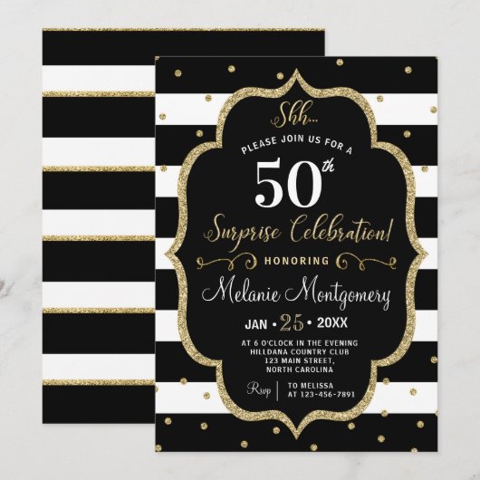 Schwarze Goldüberraschungs-Geburtstags-Party Einladung (Vorne/Hinten)