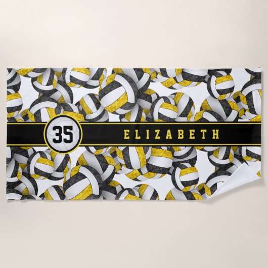 Schwarze Goldvolleyball-Muster Strandtuch (Vorderseite)