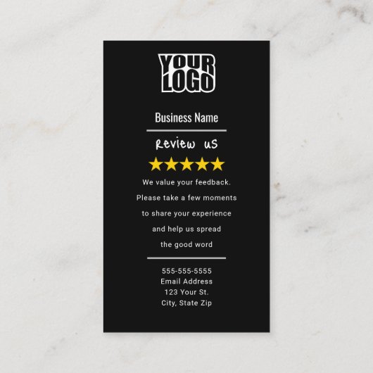 Schwarze Google-Überprüfungsvorlage mit QR-Code-Li Visitenkarte (Rückseite)