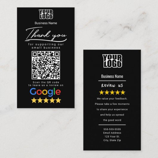 Schwarze Google-Überprüfungsvorlage mit QR-Code-Li Visitenkarte (Vorne/Hinten)