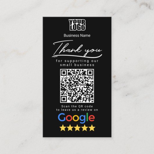Schwarze Google-Überprüfungsvorlage mit QR-Code-Li Visitenkarte (Vorderseite)